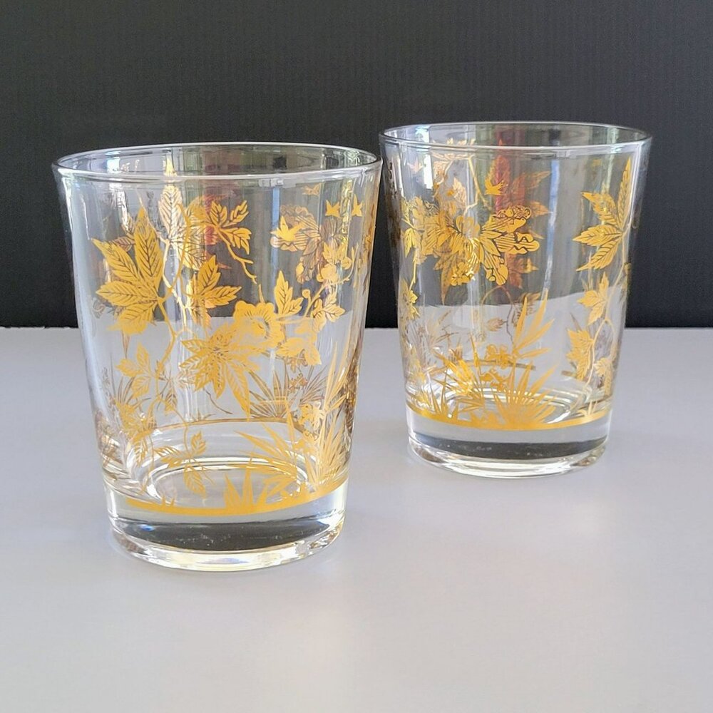 Vintage MCM Clear & 22K Gold Foil Leaves Double Old Fashioned Tumbler Set of 2